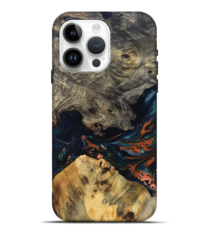 iPhone 15 Pro Max Wood Live Edge Phone Case - Yehuda (Teal & Gold, 829836)