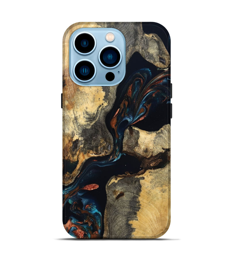 iPhone 14 Pro Wood Live Edge Phone Case - Janene (Teal & Gold, 829839)
