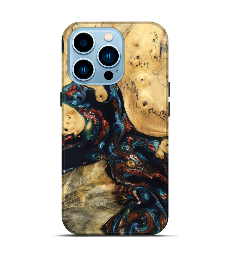 iPhone 14 Pro Wood Live Edge Phone Case - Mable (Teal & Gold, 829844)