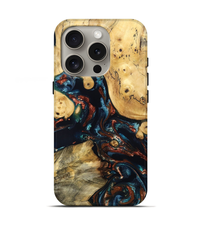 iPhone 16 Pro Wood Live Edge Phone Case - Mable (Teal & Gold, 829844)