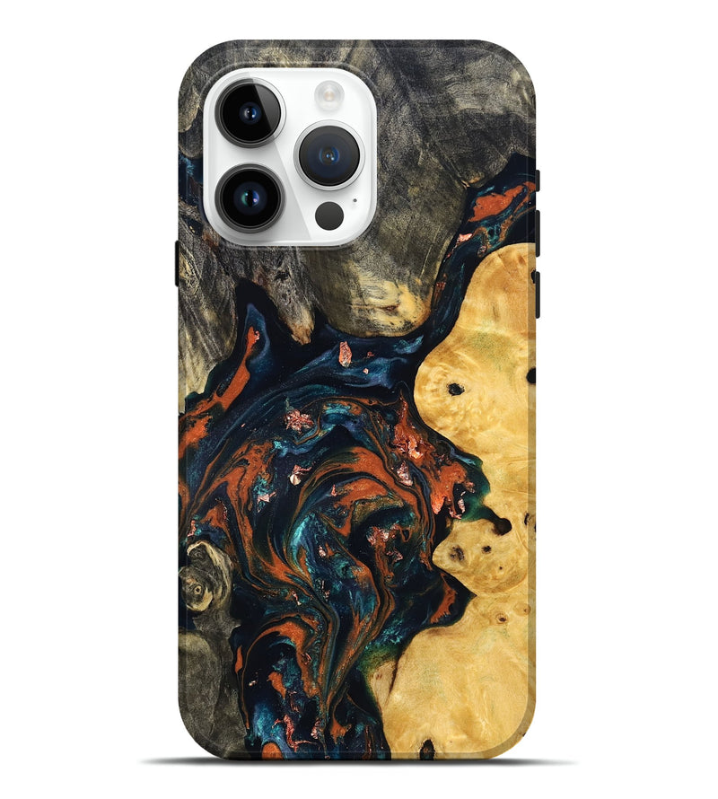 iPhone 15 Pro Max Wood Live Edge Phone Case - Joana (Teal & Gold, 829855)