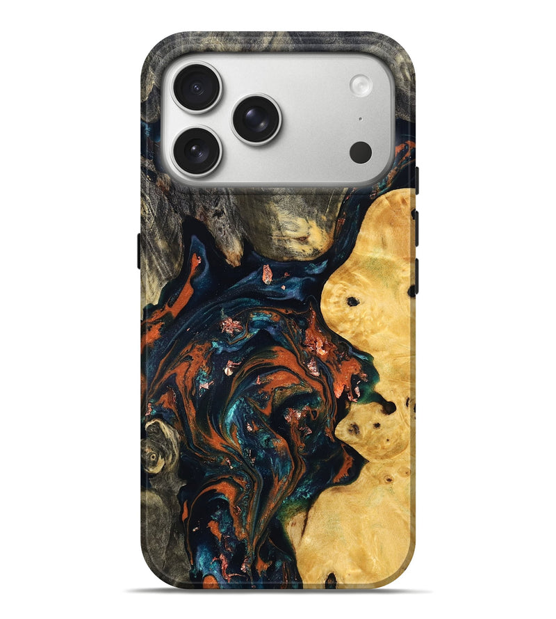 iPhone 17 Pro Max Wood Live Edge Phone Case - Joana (Teal & Gold, 829855)