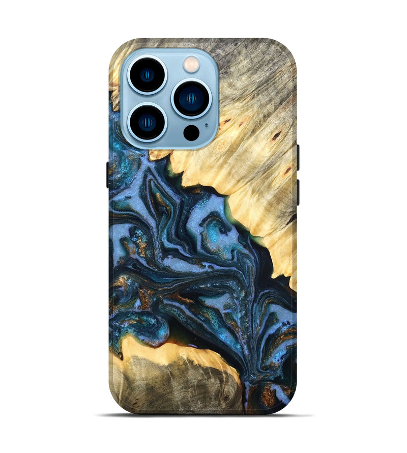 iPhone 14 Pro Wood Live Edge Phone Case - Jaslene (Teal & Gold, 829859)