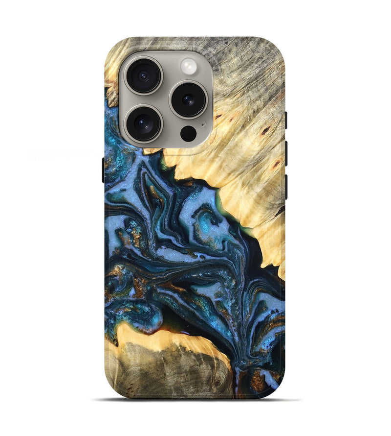 iPhone 16 Pro Wood Live Edge Phone Case - Jaslene (Teal & Gold, 829859)