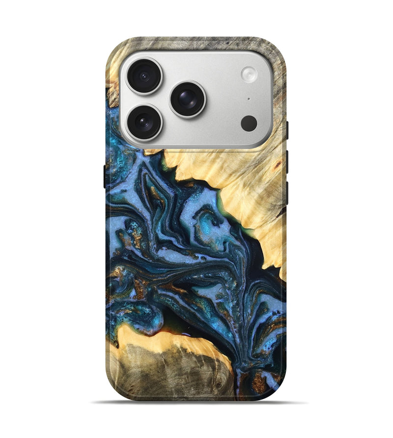 iPhone 17 Pro Wood Live Edge Phone Case - Jaslene (Teal & Gold, 829859)