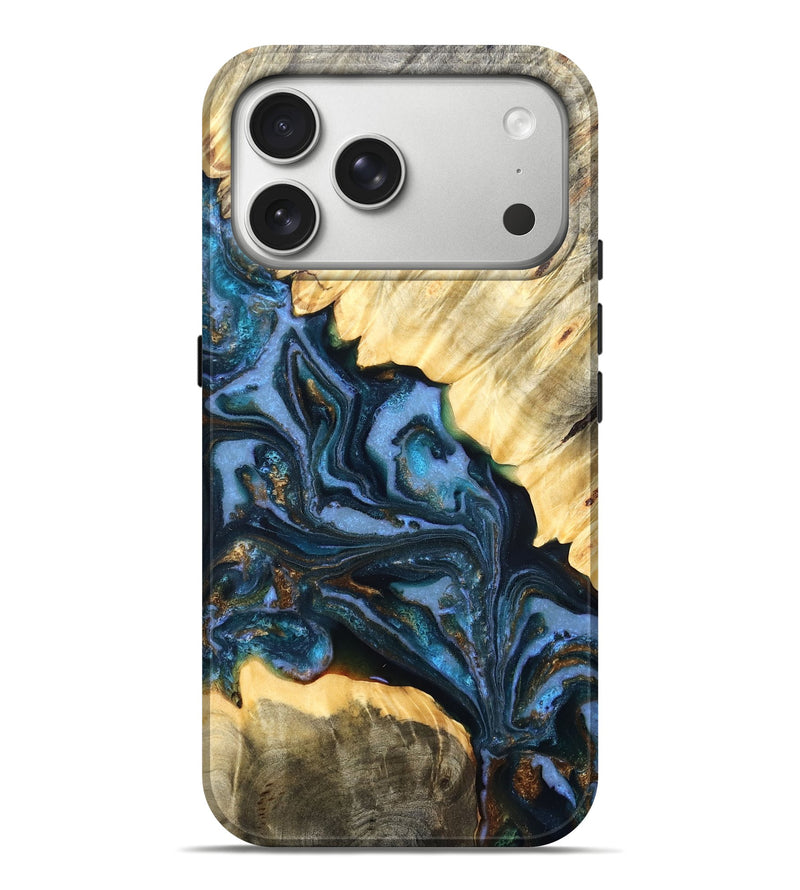 iPhone 17 Pro Max Wood Live Edge Phone Case - Jaslene (Teal & Gold, 829859)
