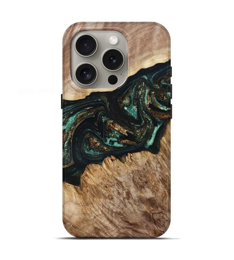 iPhone 16 Pro Wood Live Edge Phone Case - Deena (Teal & Gold, 830241)