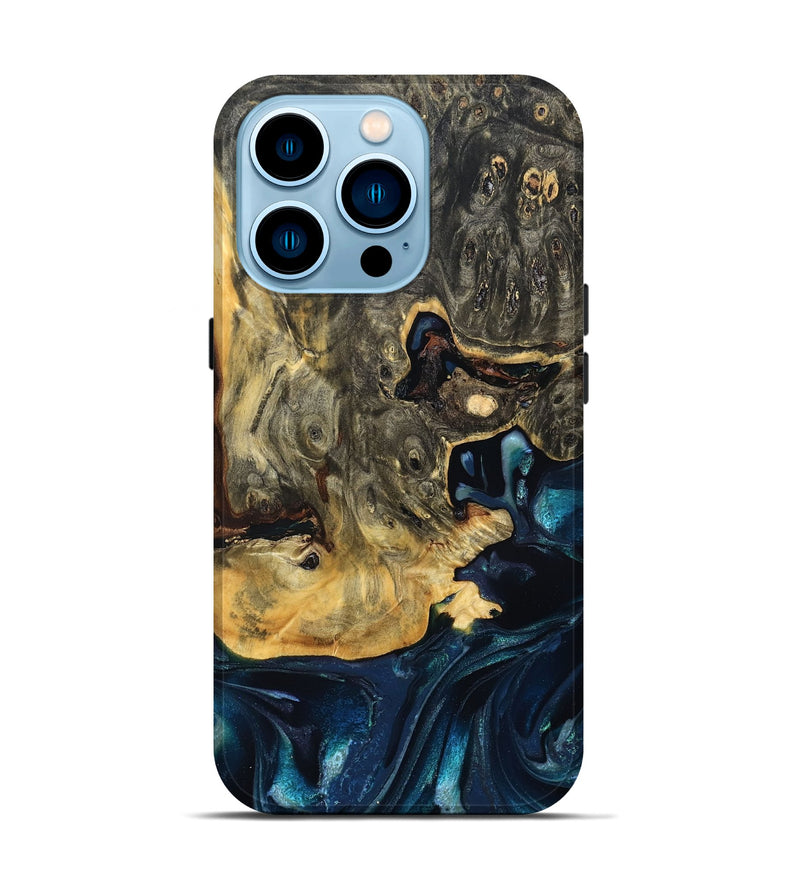 iPhone 14 Pro Wood Live Edge Phone Case - Khloe (Teal & Gold, 830243)