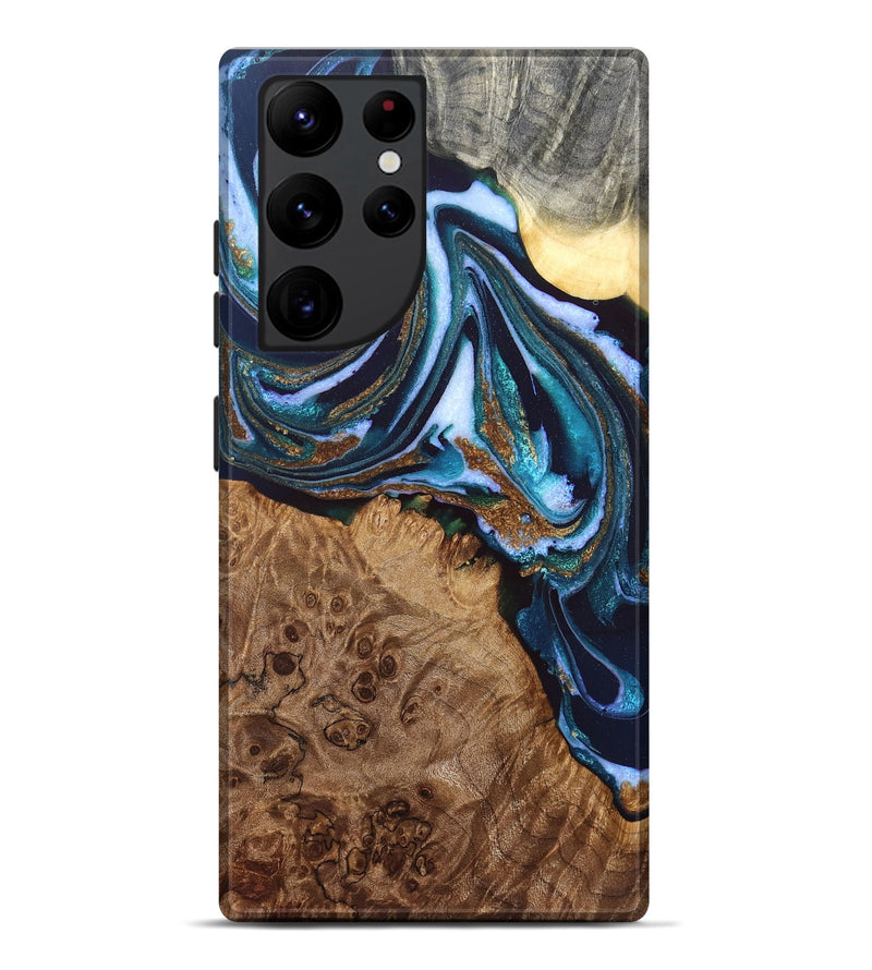 Galaxy S22 Ultra Wood Live Edge Phone Case - Hassan (Teal & Gold, 830273)
