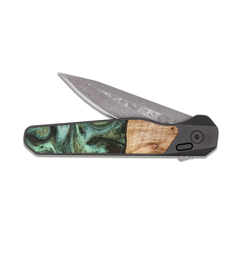 EDC Dark Damascus Wood Pocket Knife - Makena (Green, 830535)
