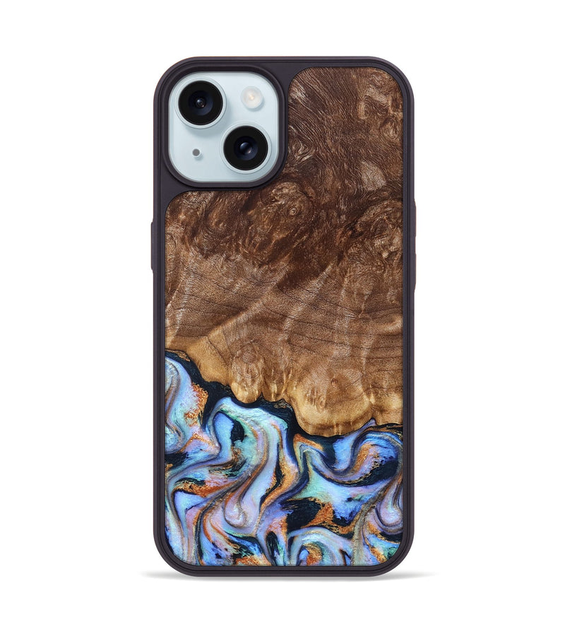 iPhone 15 Wood Phone Case - Eliel (Teal & Gold, 830575)