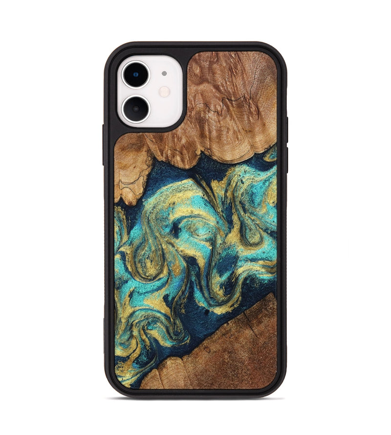 iPhone 11 Wood Phone Case - Lesley (Teal & Gold, 830577)