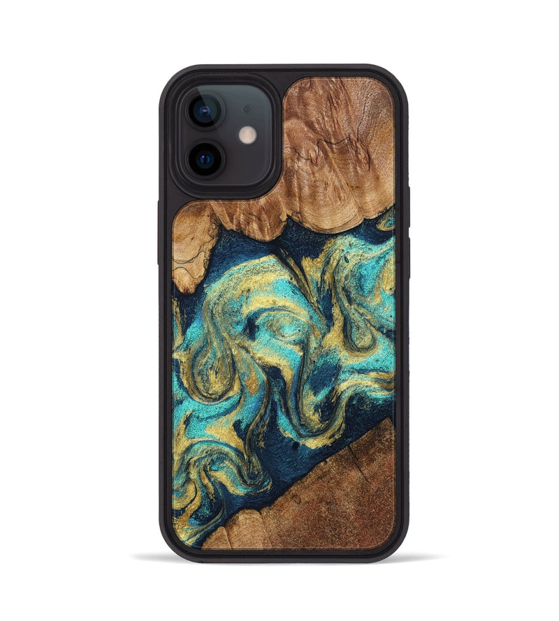 iPhone 12 Wood Phone Case - Lesley (Teal & Gold, 830577)