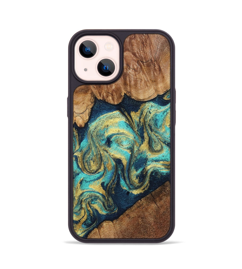 iPhone 14 Wood Phone Case - Lesley (Teal & Gold, 830577)