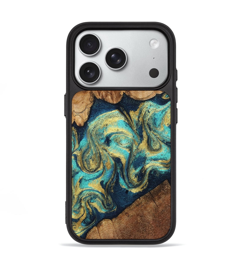 iPhone 18 Pro Wood Phone Case - Lesley (Teal & Gold, 830577)