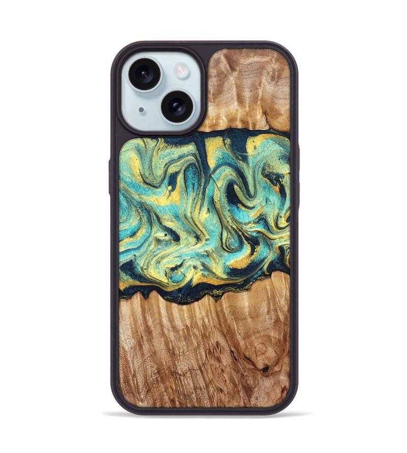 iPhone 15 Wood Phone Case - Elwin (Teal & Gold, 830580)