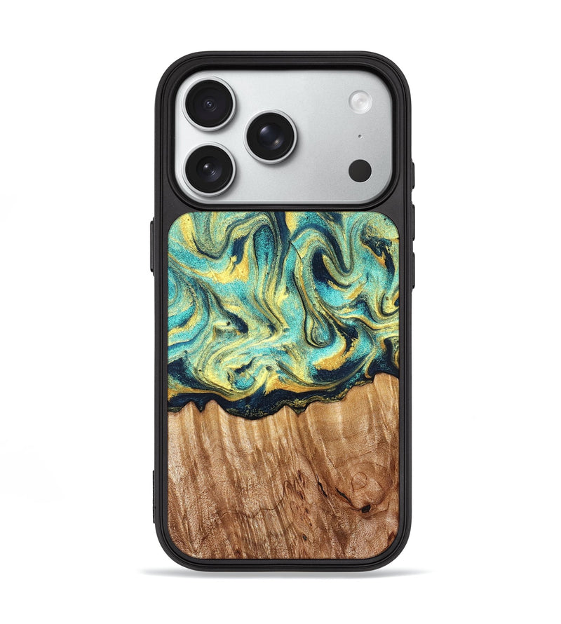 iPhone 18 Pro Wood Phone Case - Elwin (Teal & Gold, 830580)