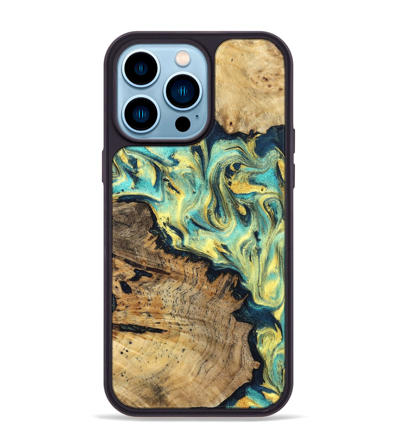iPhone 14 Pro Max Wood Phone Case - Brooke (Teal & Gold, 830587)