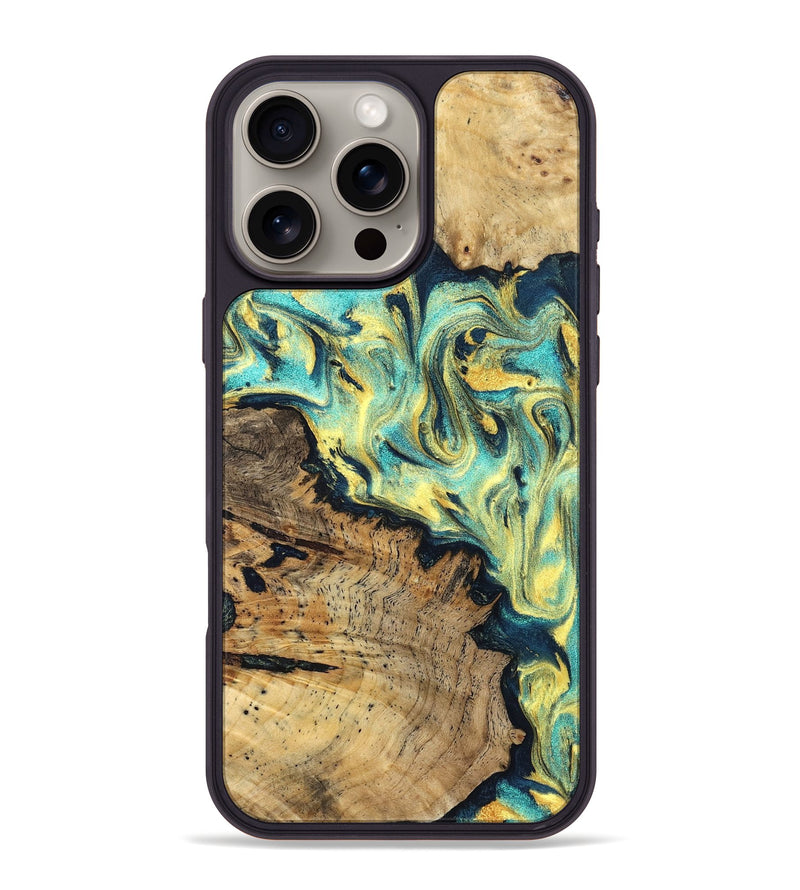 iPhone 16 Pro Max Wood Phone Case - Brooke (Teal & Gold, 830587)