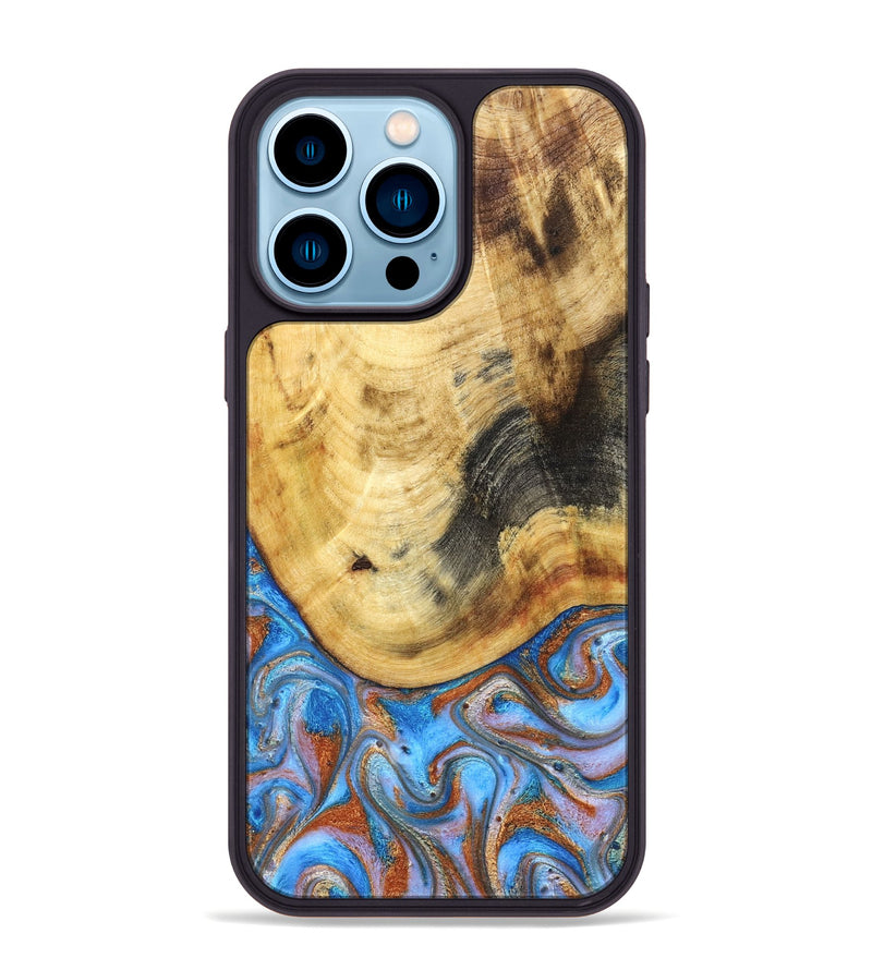 iPhone 14 Pro Max Wood Phone Case - Irma (Teal & Gold, 830606)