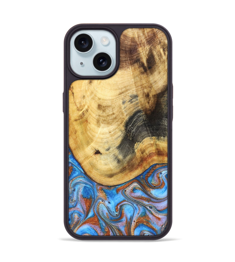 iPhone 15 Wood Phone Case - Irma (Teal & Gold, 830606)