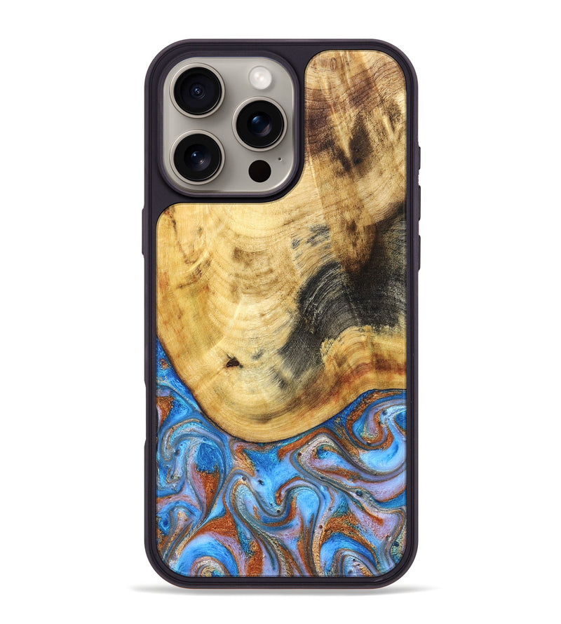 iPhone 16 Pro Max Wood Phone Case - Irma (Teal & Gold, 830606)