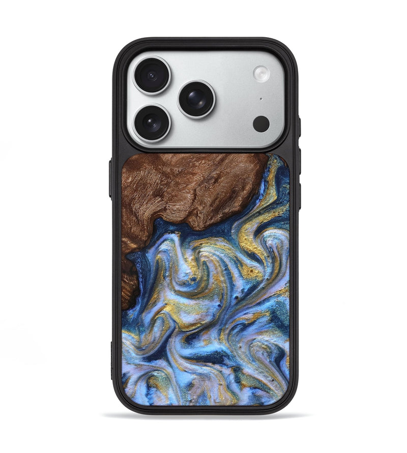 iPhone 18 Pro Wood Phone Case - Emory (Teal & Gold, 830792)