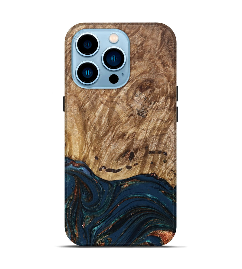 iPhone 14 Pro Wood Live Edge Phone Case - Archie (Teal & Gold, 830850)