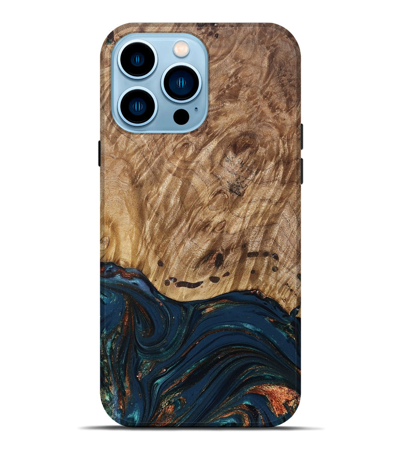 iPhone 14 Pro Max Wood Live Edge Phone Case - Archie (Teal & Gold, 830850)