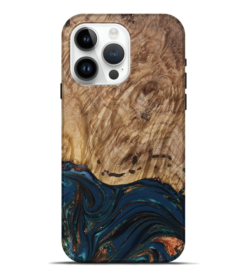 iPhone 15 Pro Max Wood Live Edge Phone Case - Archie (Teal & Gold, 830850)
