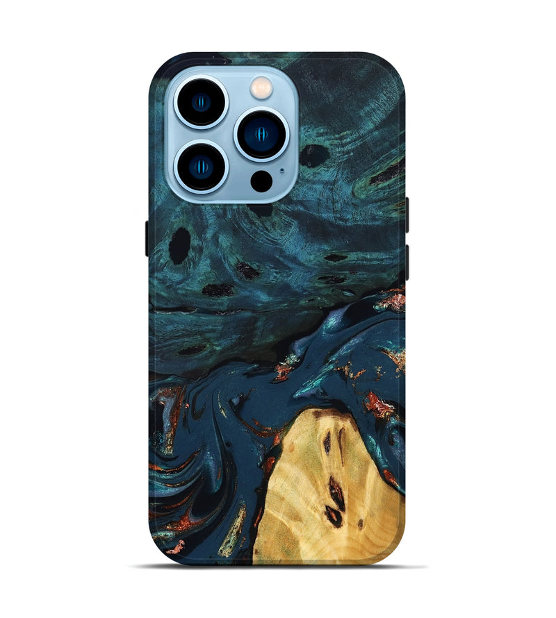 iPhone 14 Pro Wood Live Edge Phone Case - Jared (Teal & Gold, 830857)