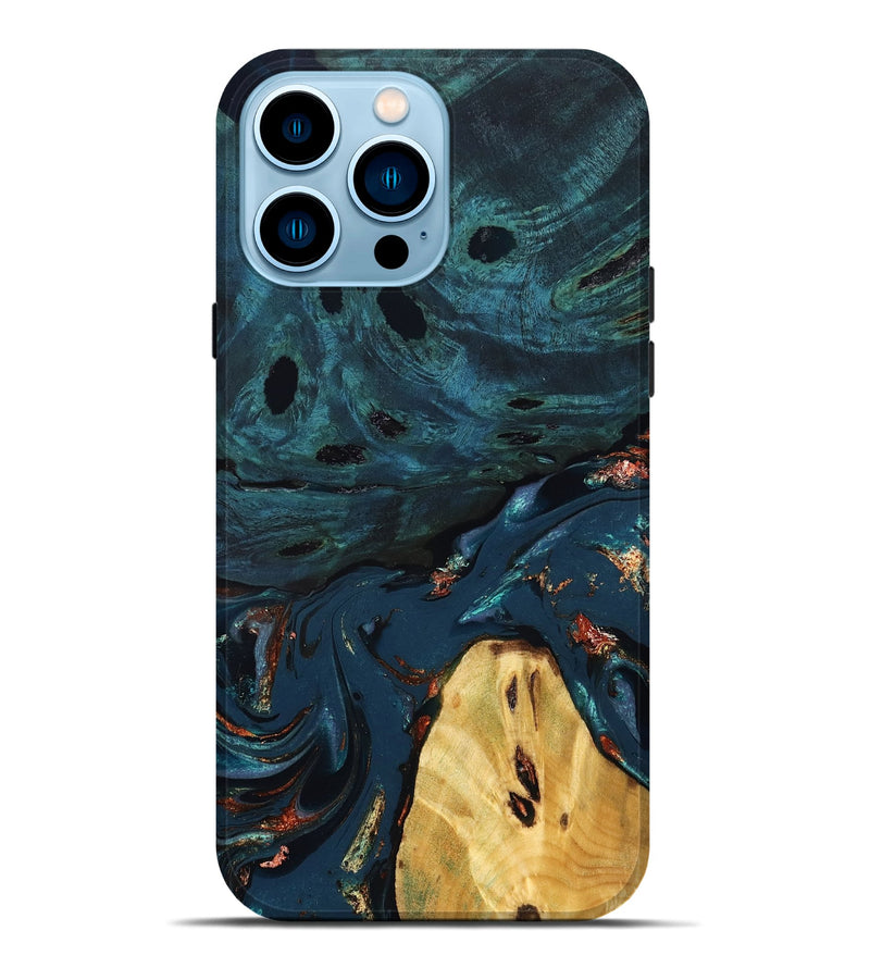 iPhone 14 Pro Max Wood Live Edge Phone Case - Jared (Teal & Gold, 830857)