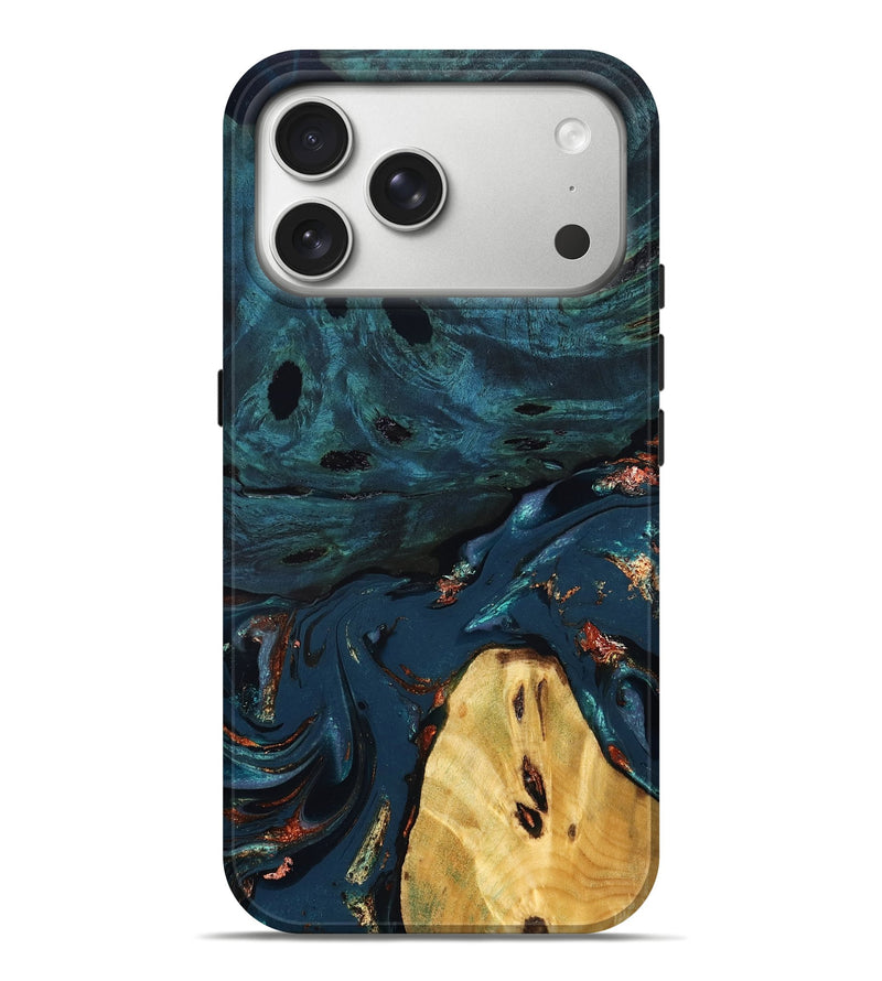 iPhone 17 Pro Max Wood Live Edge Phone Case - Jared (Teal & Gold, 830857)