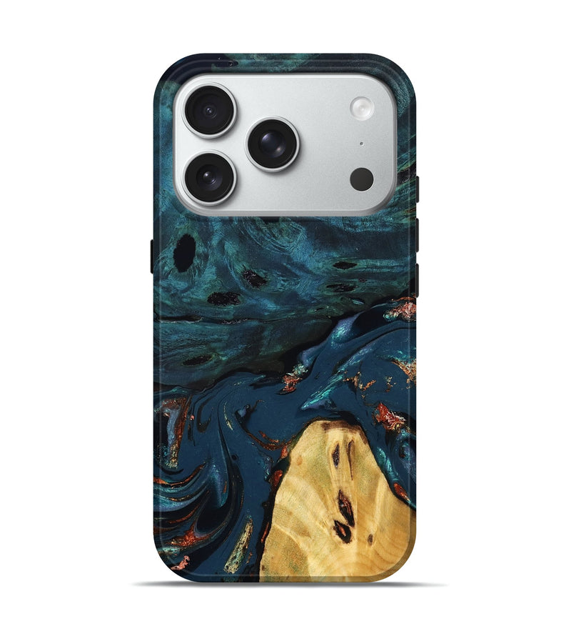 iPhone 18 Pro Wood Live Edge Phone Case - Jared (Teal & Gold, 830857)