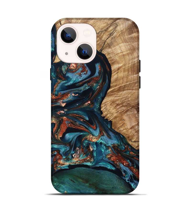 iPhone 14 Wood Live Edge Phone Case - Koda (Teal & Gold, 830867)