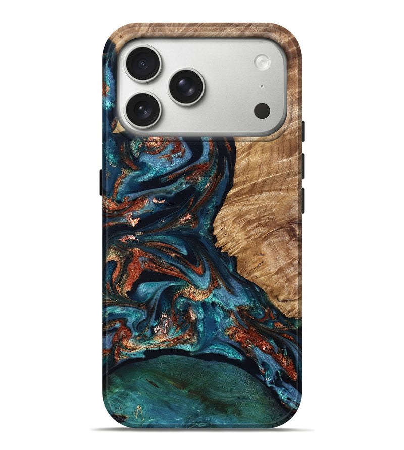 iPhone 17 Pro Max Wood Live Edge Phone Case - Koda (Teal & Gold, 830867)