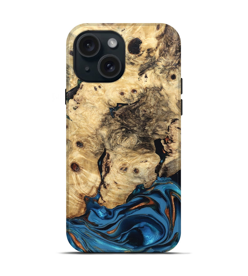 iPhone 15 Wood Live Edge Phone Case - Mylah (Teal & Gold, 830904)