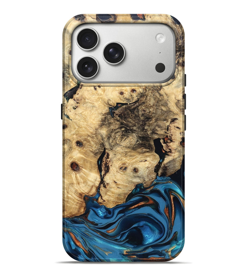 iPhone 17 Pro Max Wood Live Edge Phone Case - Mylah (Teal & Gold, 830904)