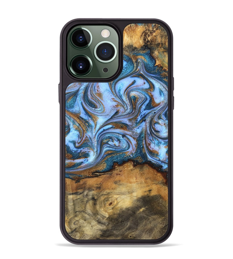 iPhone 13 Pro Max Wood Phone Case - Hendrix (Teal & Gold, 831003)