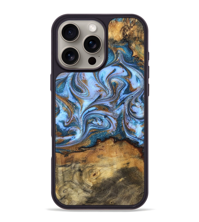 iPhone 16 Pro Max Wood Phone Case - Hendrix (Teal & Gold, 831003)