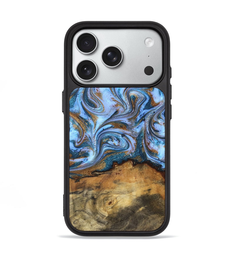 iPhone 18 Pro Wood Phone Case - Hendrix (Teal & Gold, 831003)