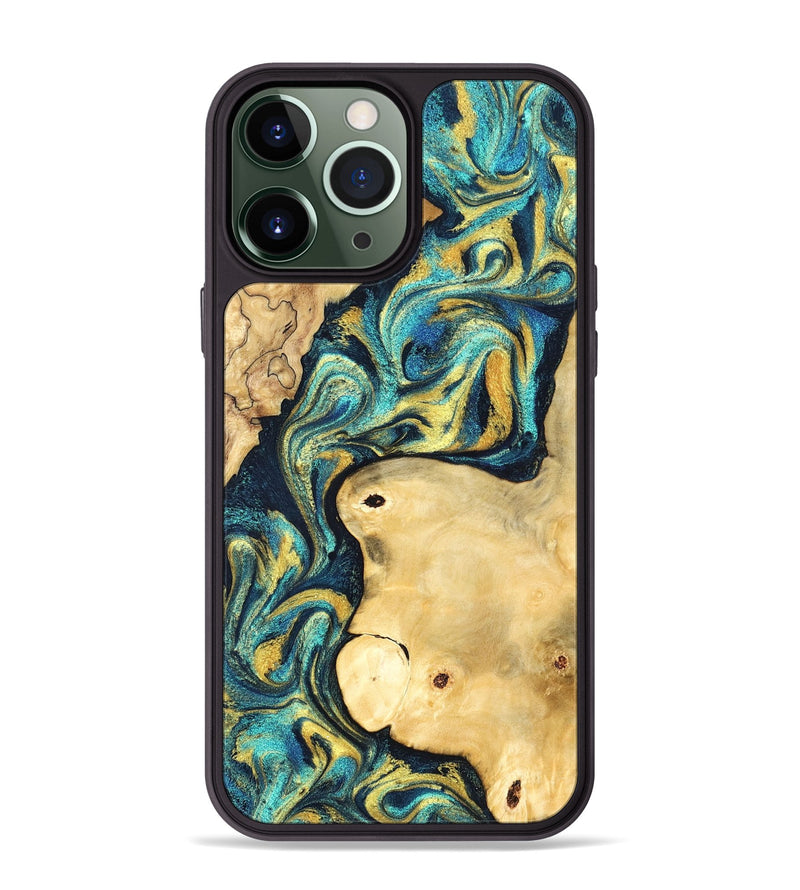 iPhone 13 Pro Max Wood Phone Case - Mindi (Teal & Gold, 831004)