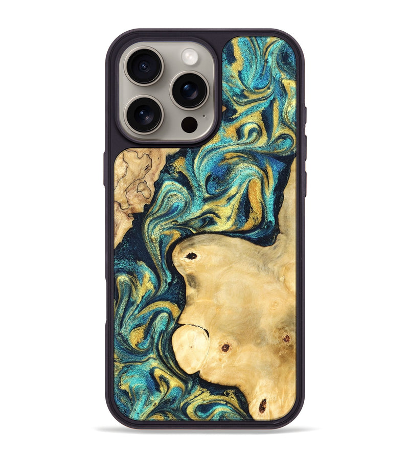 iPhone 16 Pro Max Wood Phone Case - Mindi (Teal & Gold, 831004)