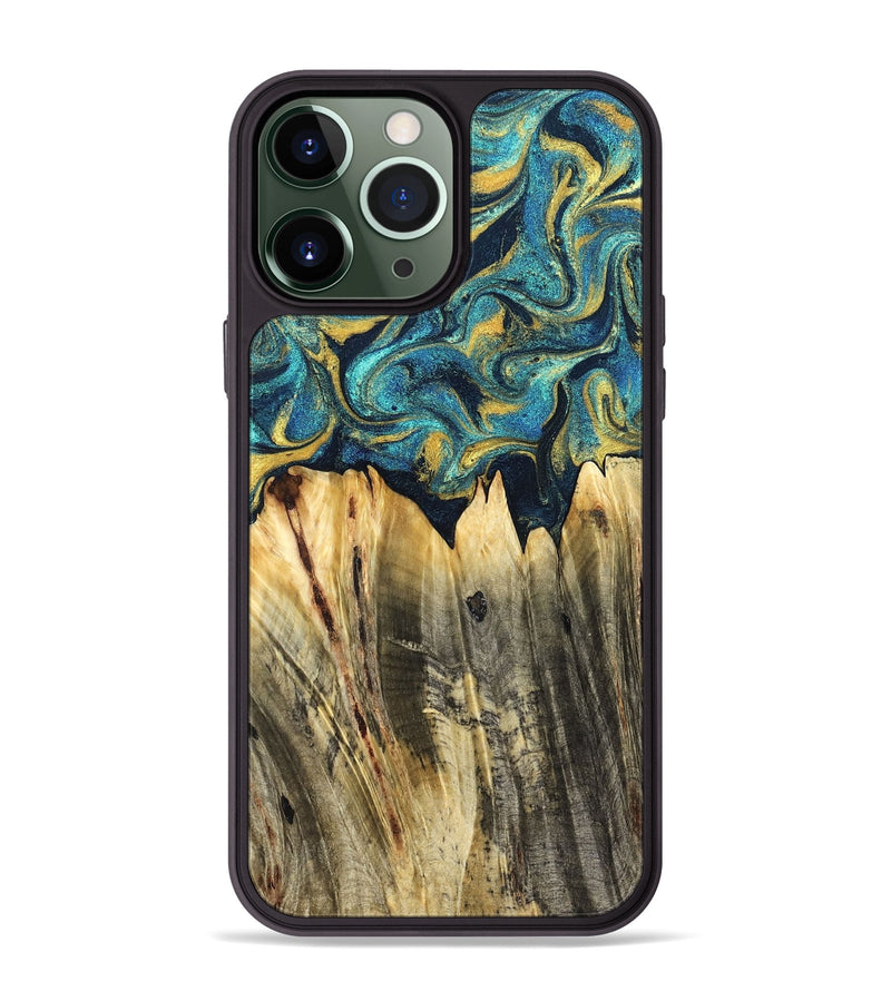 iPhone 13 Pro Max Wood Phone Case - Sutton (Teal & Gold, 831013)