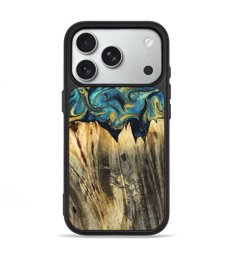 iPhone 18 Pro Wood Phone Case - Sutton (Teal & Gold, 831013)