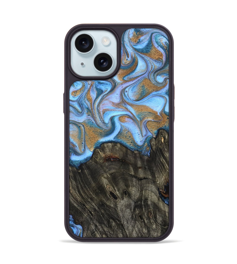 iPhone 15 Wood Phone Case - Cristin (Teal & Gold, 831014)