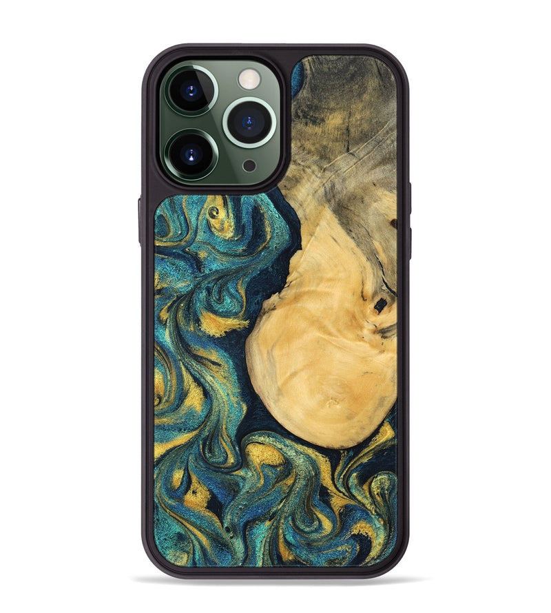 iPhone 13 Pro Max Wood Phone Case - Johnna (Teal & Gold, 831015)