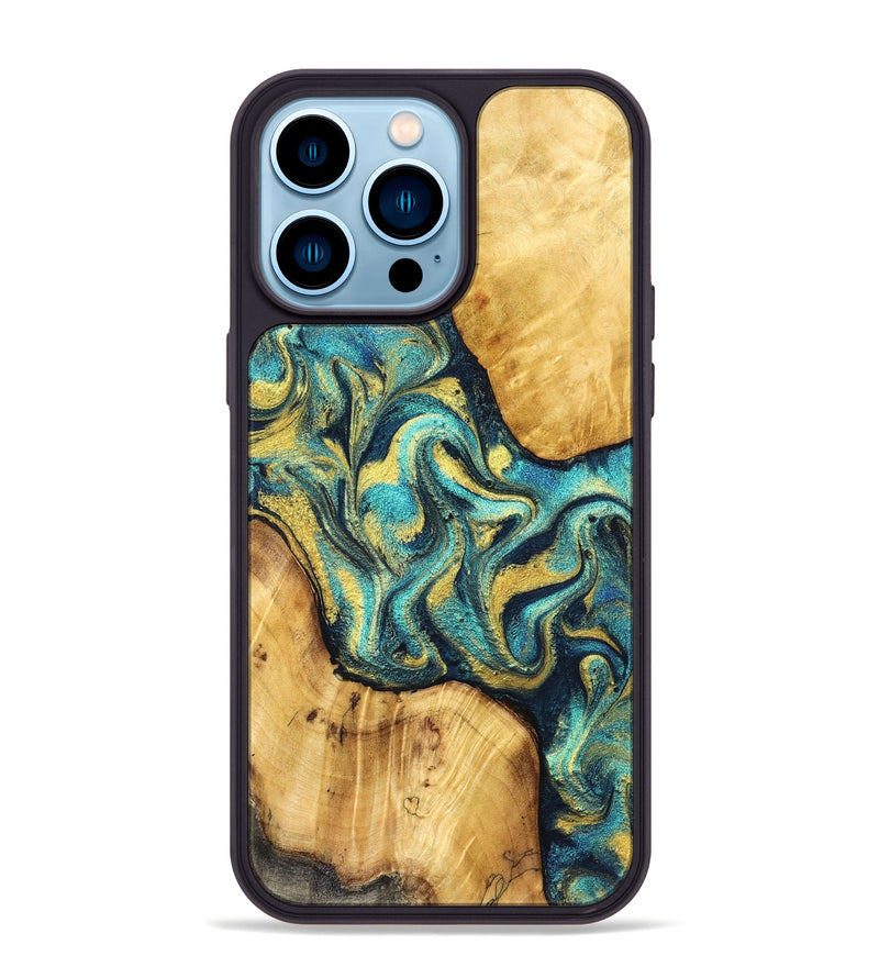 iPhone 14 Pro Max Wood Phone Case - Vance (Teal & Gold, 831017)