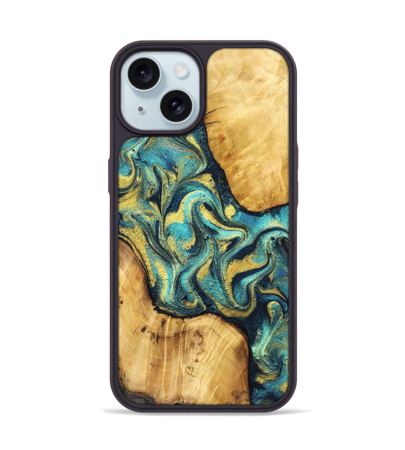 iPhone 15 Wood Phone Case - Vance (Teal & Gold, 831017)