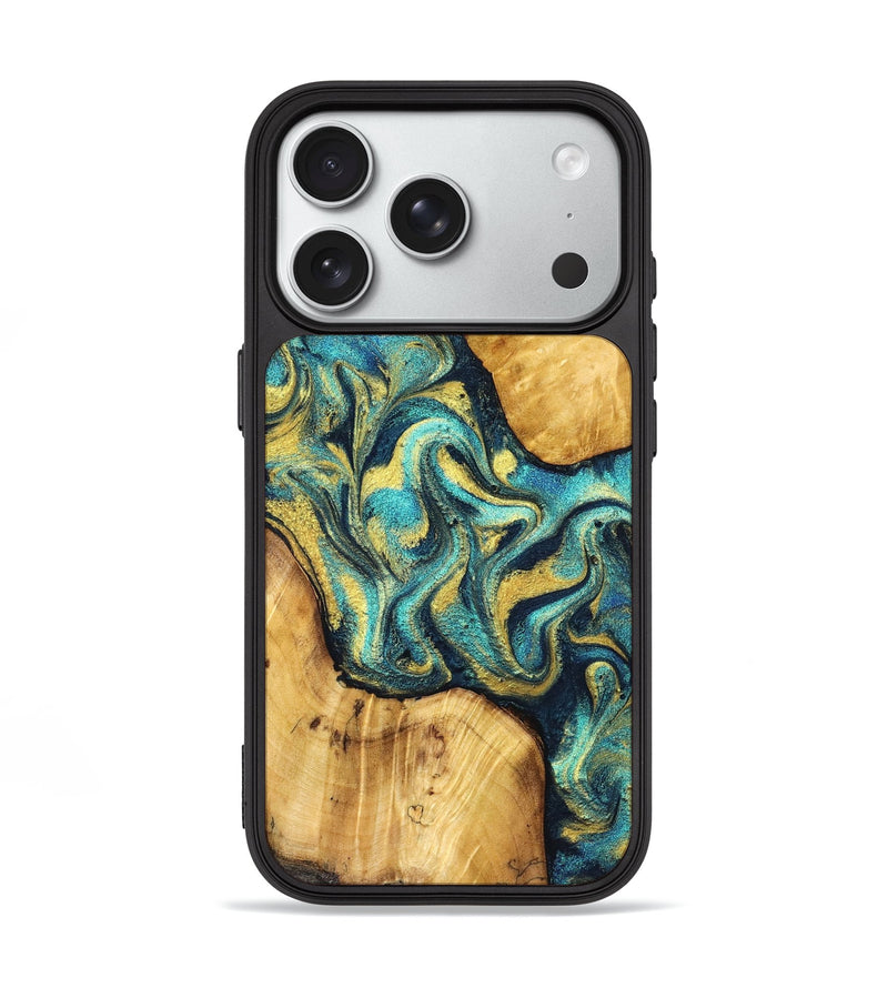 iPhone 18 Pro Wood Phone Case - Vance (Teal & Gold, 831017)